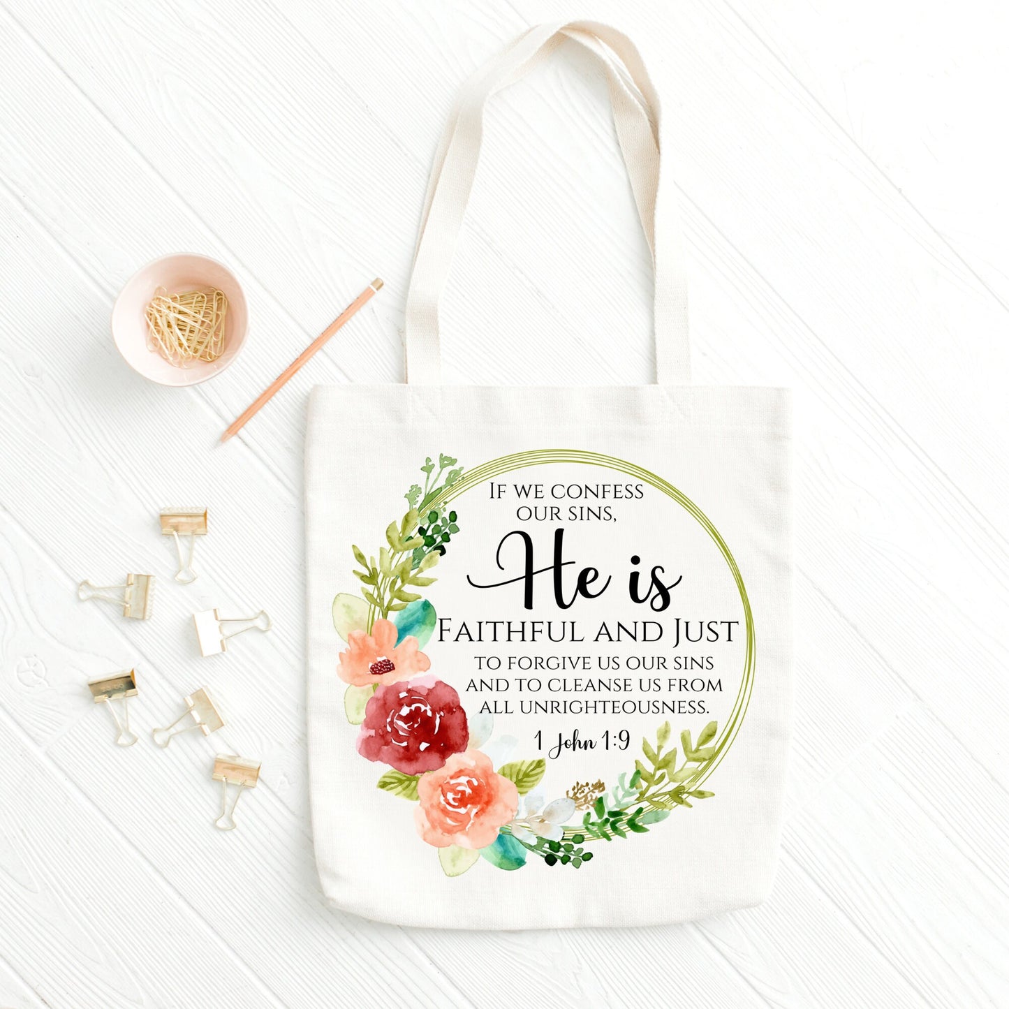 He Is Faithful & Just Floral Scripture Wall Art Decor.